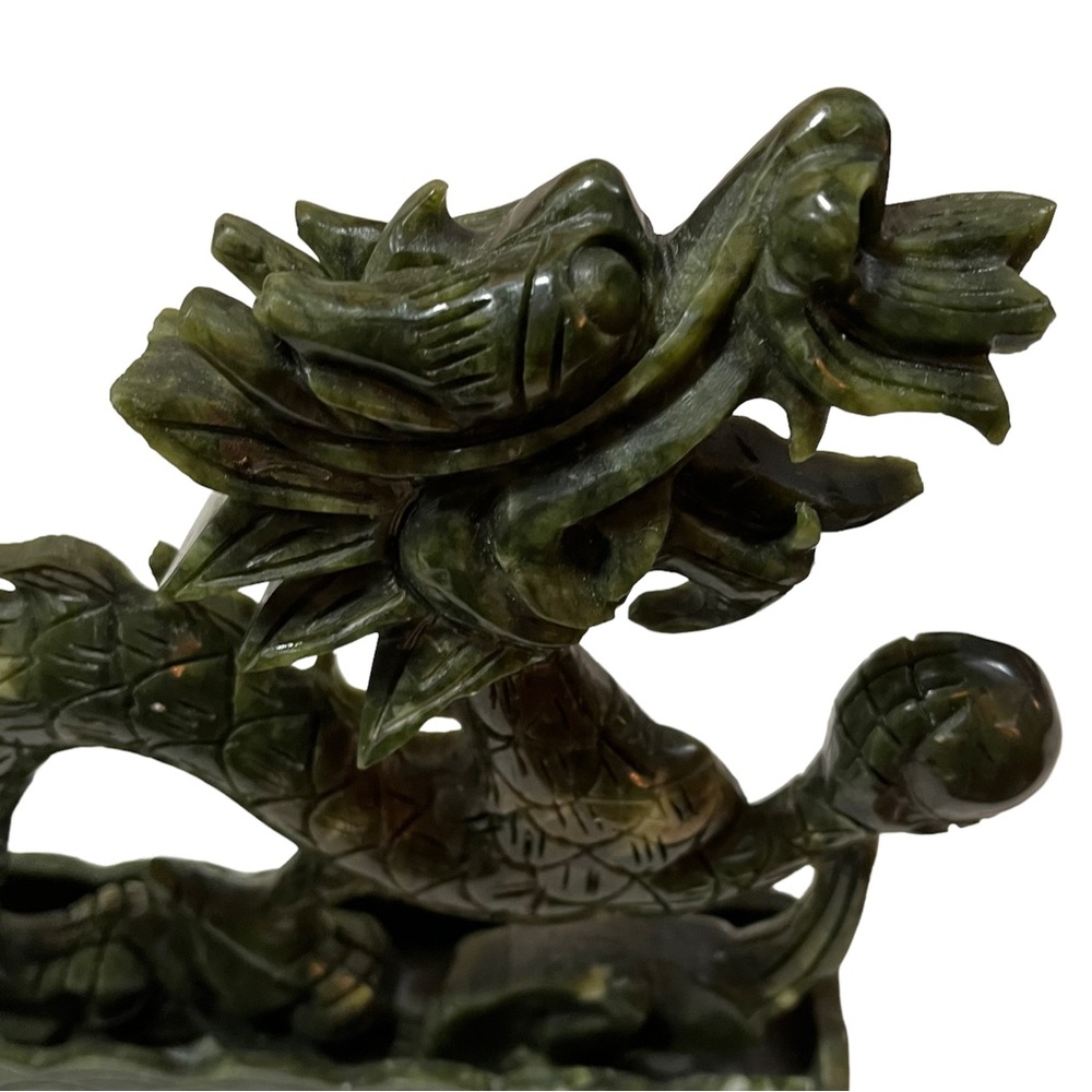 Carved Stone Fierce Dragon Statue Holding Orb Sphere Ball Green Maybe Old Jade - Picture 5 of 11